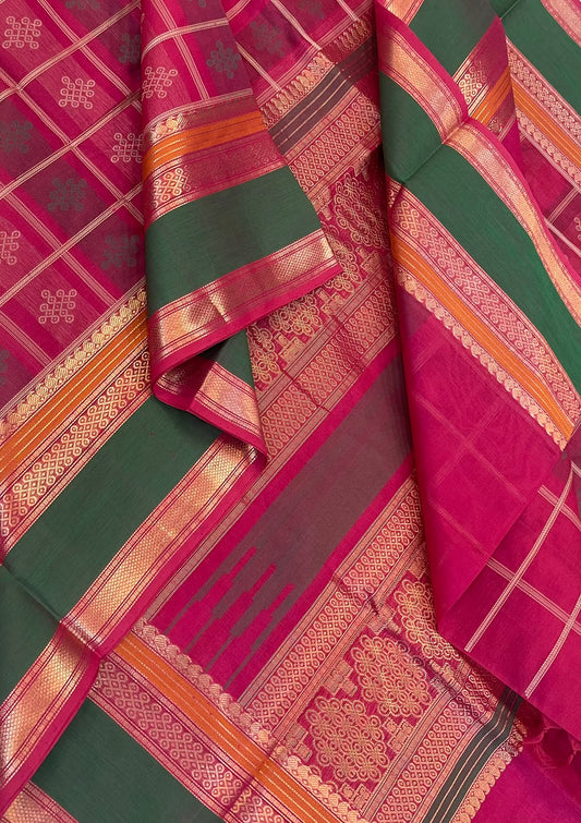 Kanchi Silk Cotton Sarees | 1000 kolam butta  X rich zari pallu X zari rettaipet border | pink X green