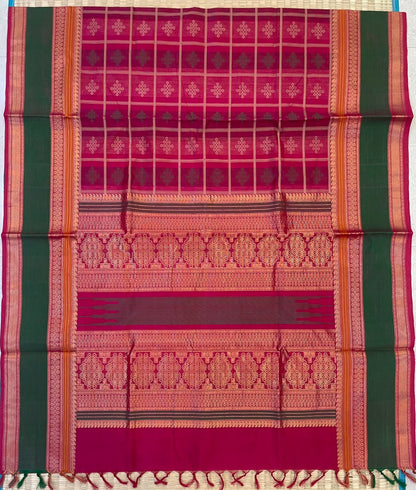 Kanchi Silk Cotton Sarees | 1000 kolam butta  X rich zari pallu X zari rettaipet border | pink X green