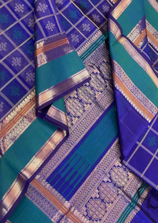 Kanchi Silk Cotton Sarees | 1000 kolam butta  X rich zari pallu X zari rettaipet border | ms blue X peacock green