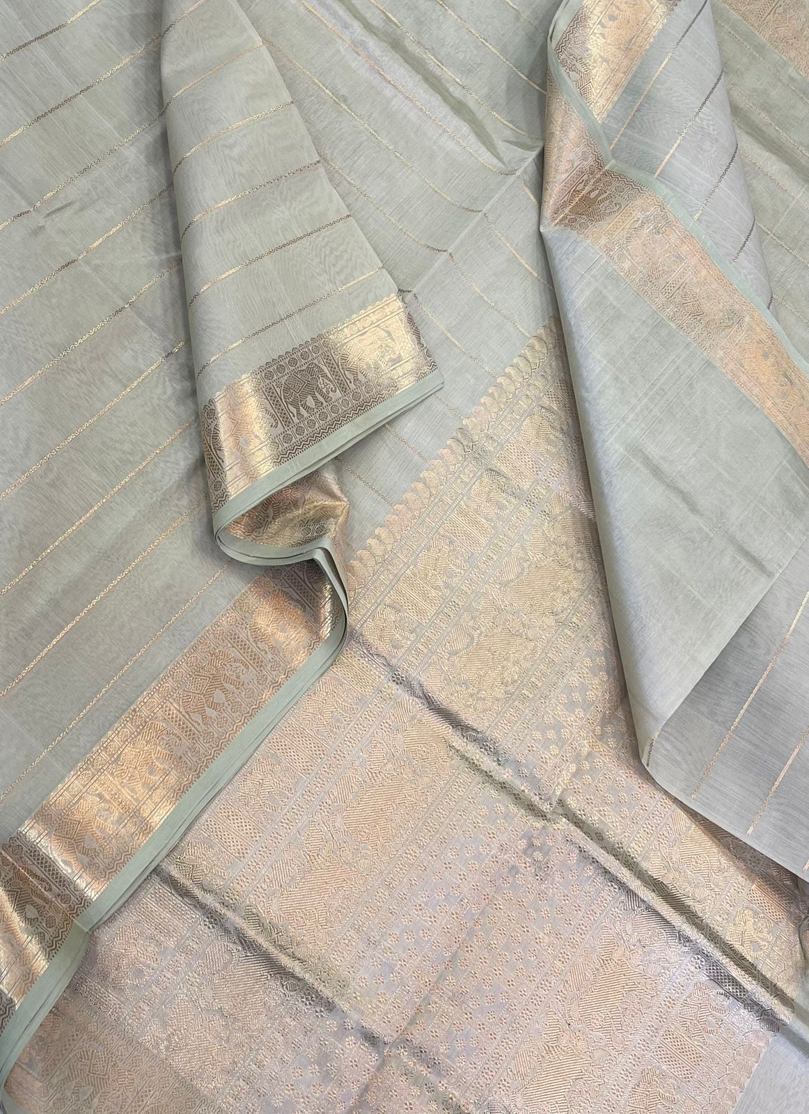 Kanchi Silk Cotton Sarees | neli zari veldhari X rich pallu | pastel teal green x gold