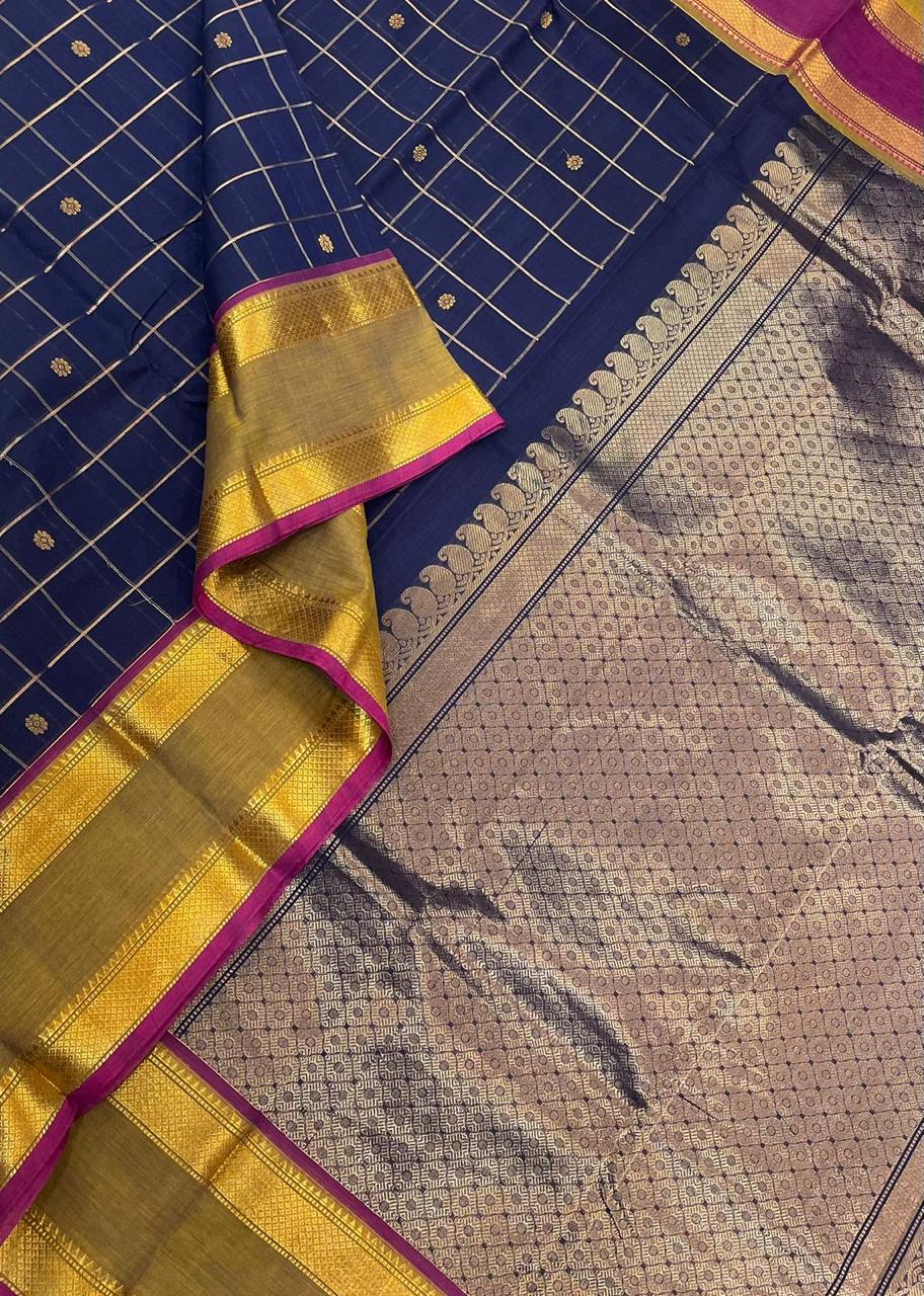 Kanchi mercerised soft cotton | navy blue x ganga jamuna |  Zari rettaipet border x zari kattam butta