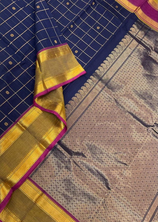 Kanchi mercerised soft cotton | navy blue x ganga jamuna |  Zari rettaipet border x zari kattam butta