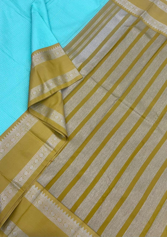 Vegan Silk Sarees Online | teal X mustrad | rich rettaipet border