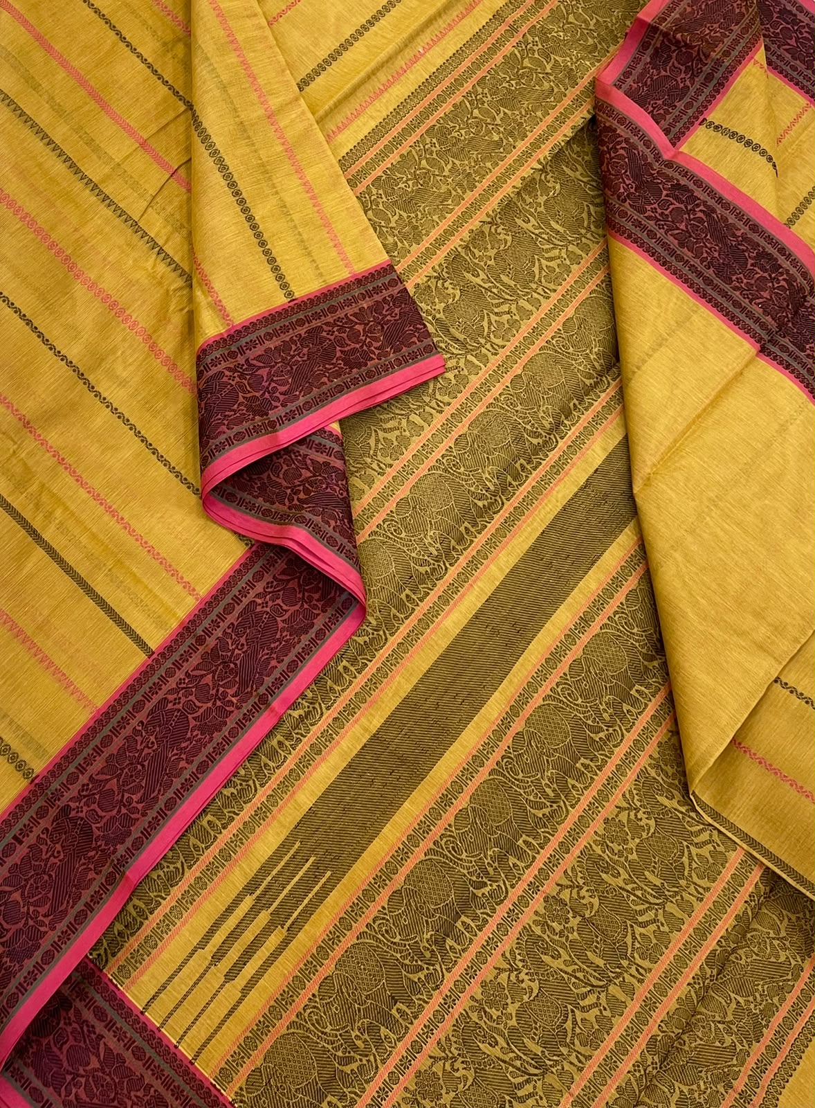 Pure Handloom Kanchi rich Cotton Saree | yellow X pink  | thread woven  border x vertical veldhari