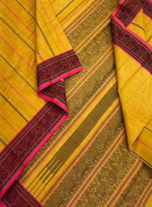 Pure Handloom Kanchi rich Cotton Saree | yellow X pink  | thread woven  border x vertical veldhari