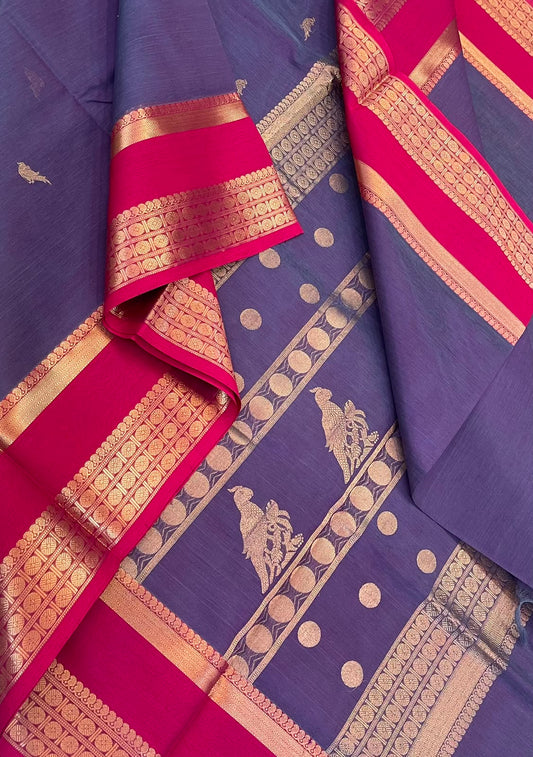 Kanchi Silk Cotton Sarees | killi motif X  zari | pastel violet x pink