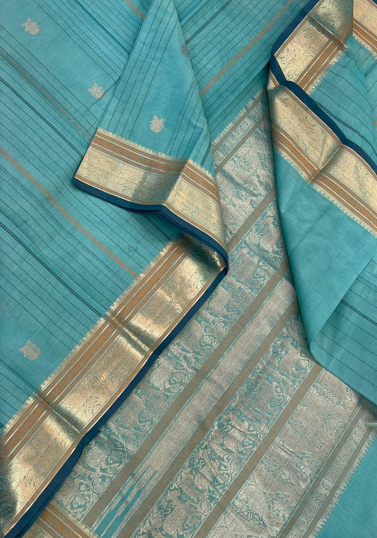 Pure Handloom Kanchi rich Cotton Saree | sky blue X cyan blue | zari border x thread vertical lines