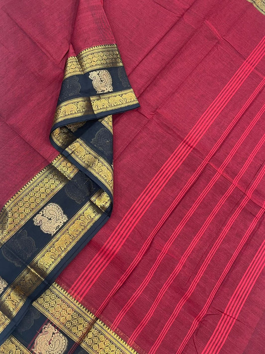 Kanchi soft cotton |mayil butta x Zari  rettaipet border | marron x black
