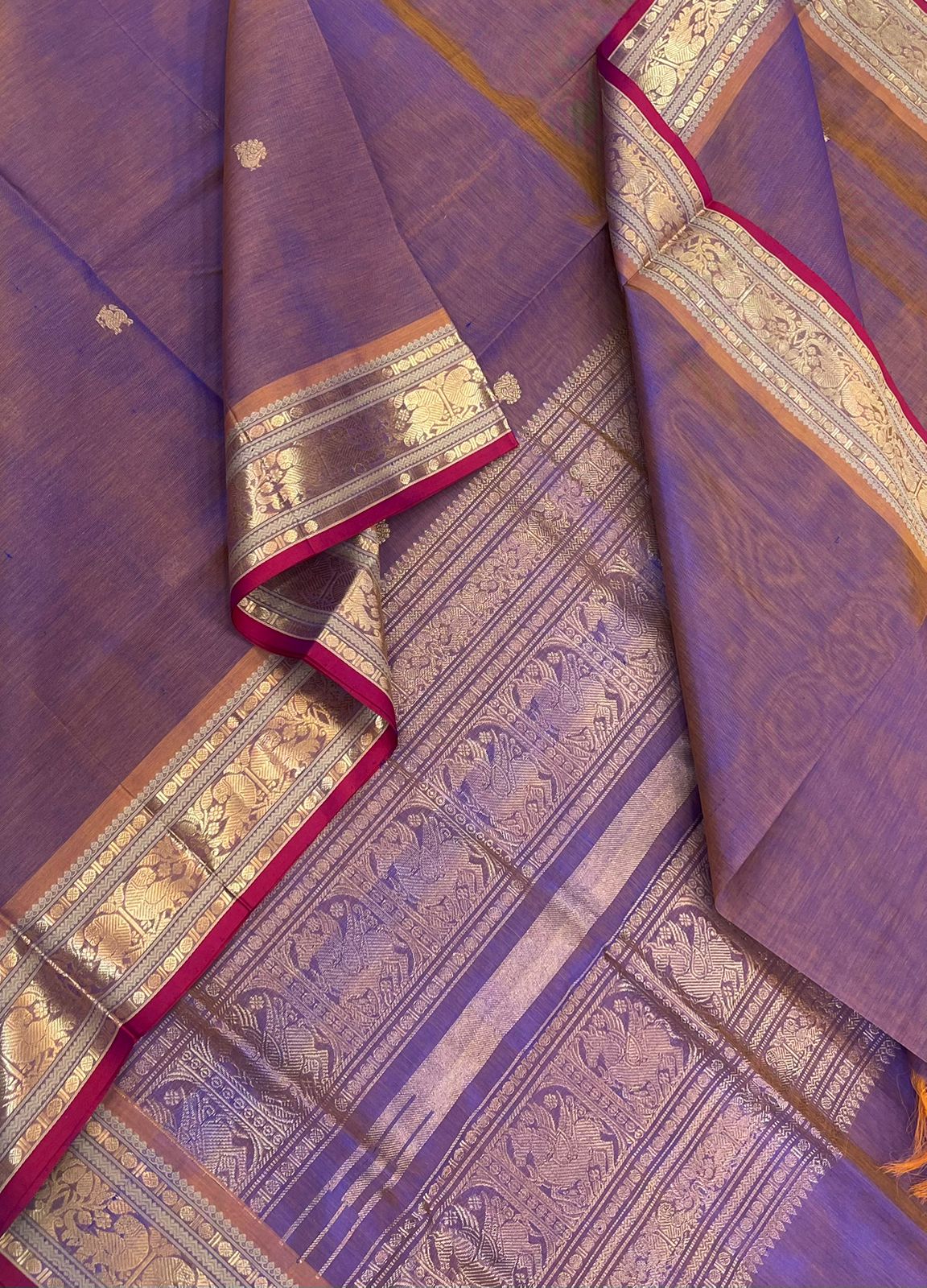 Kanchi Silk Cotton Sarees | small zari border X rich pallu | lavender 🪻 x hot pink x mustard