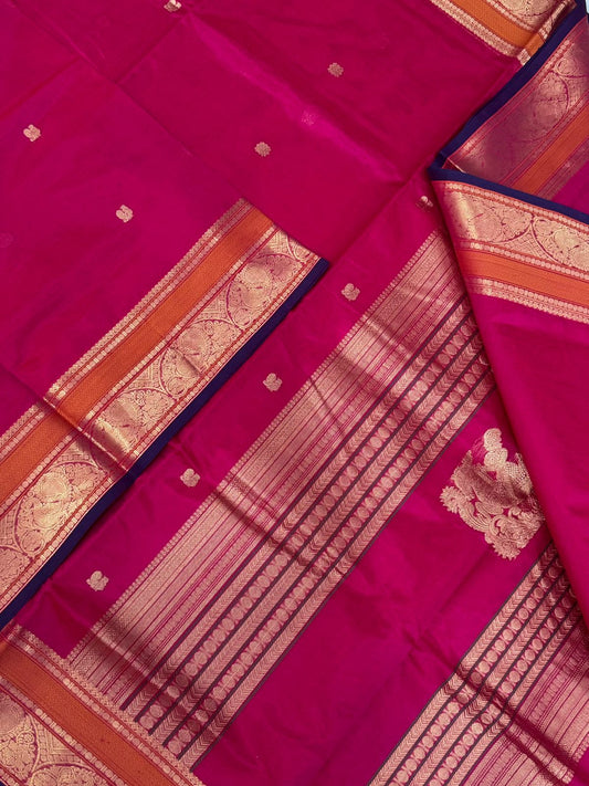 Kanchi Silk Cotton Sarees | zari half circle border x veera shivaji pallu | rani pink X blue