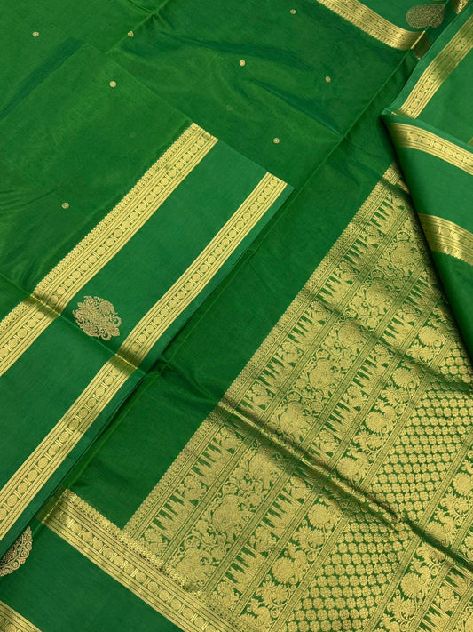 Kanchi Silk Cotton Sarees | luxury silk cotton | tiny butti X rettaipet border x mayil  | meenakshi green