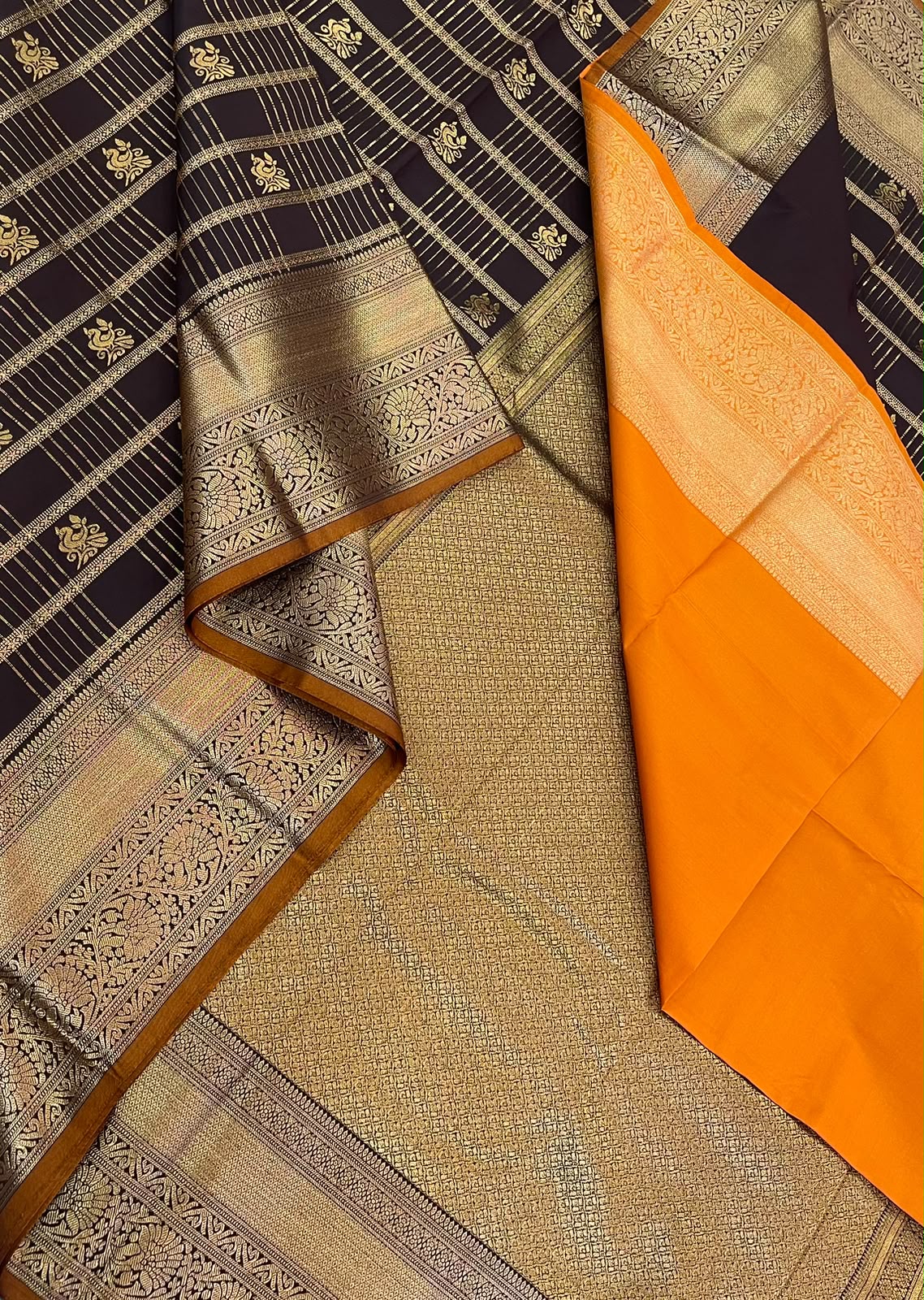 Vegan Silk Sarees Online -bridal edition| brown x manjal | rich katta butta x mayil border