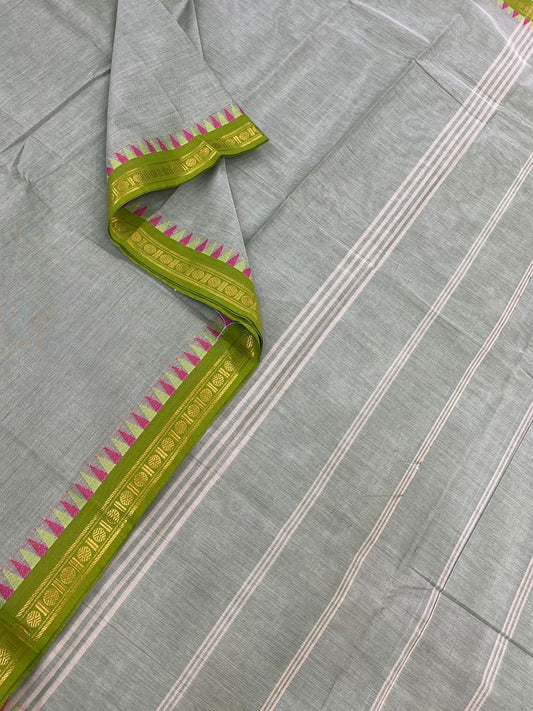 Kanchi soft cotton |tiny temple  x Zari tiny border | grey x green