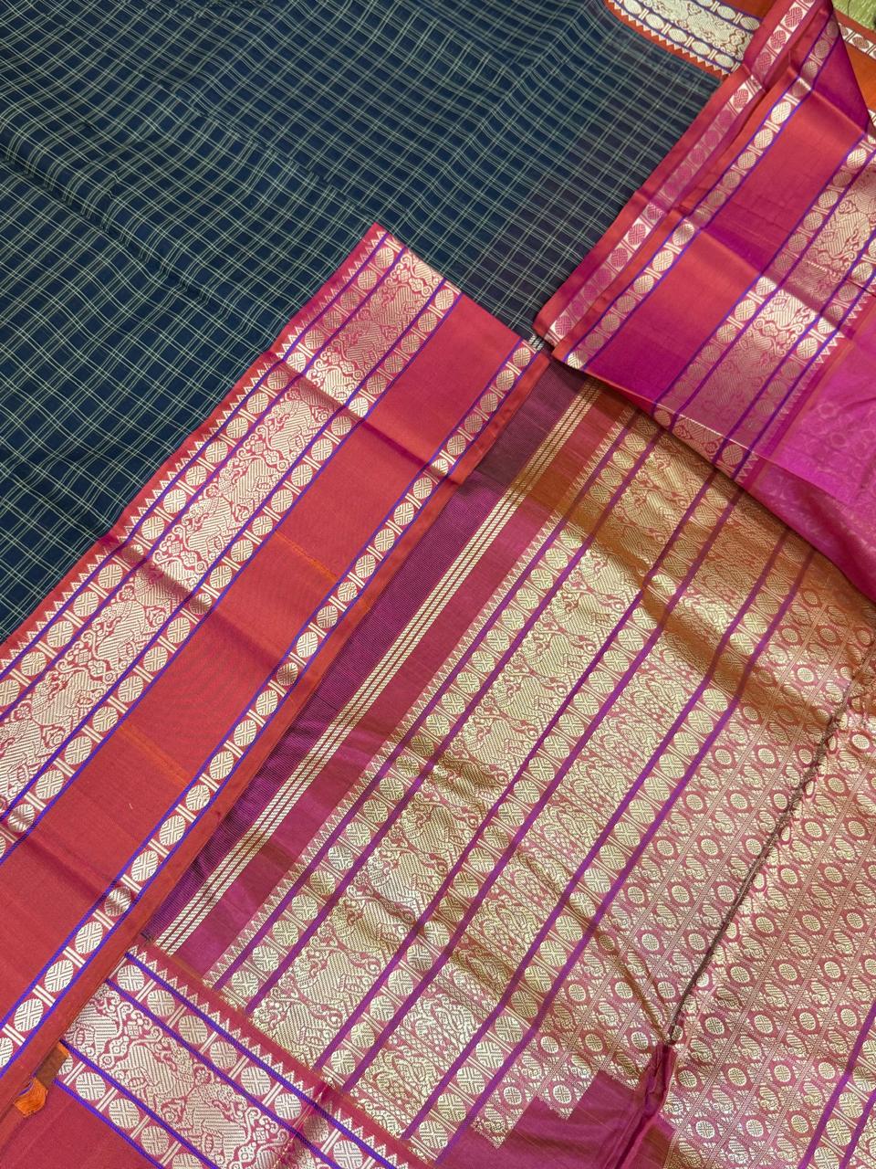 Pure Handloom Kanchi rich Cotton Saree | rich silk border x rich pallu |  navy blue x twotone pinkish orange