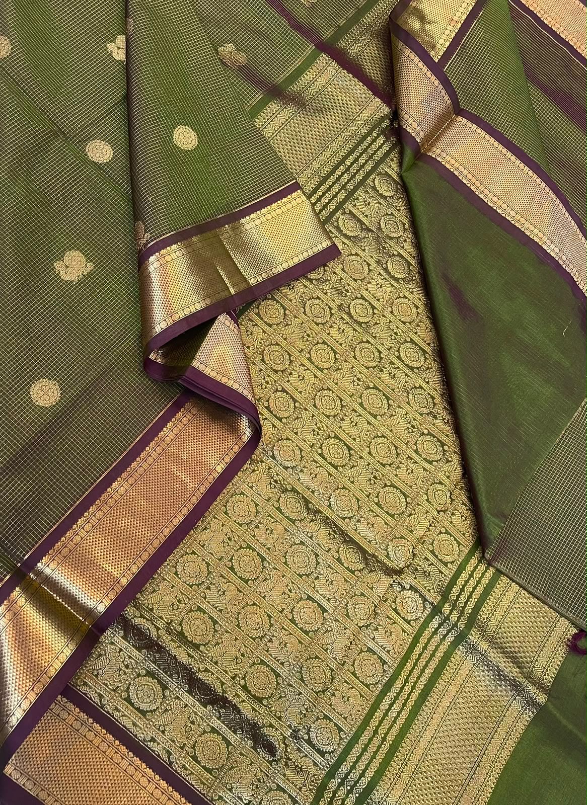 Kanchi Silk Cotton Sarees | bavanchi zari border  x muthukattam x mayil chakram | dark mocha brown x leaf green | NKV37