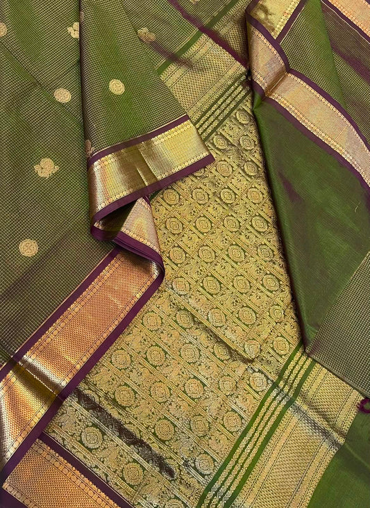 Kanchi Silk Cotton Sarees | bavanchi zari border  x muthukattam x mayil chakram | dark mocha brown x leaf green | NKV37