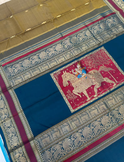 Kanchipuram Silk Saree Online | ASWA NARI KRISHNAR pallu x mehendi green x cyan green x red | Handwoven luxury x 4 ply |