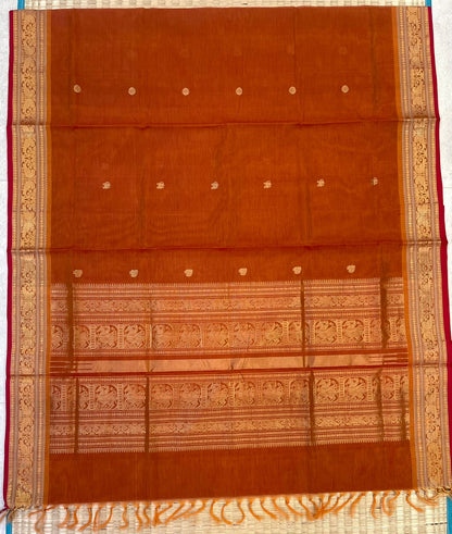 Kanchi Silk Cotton Sarees | tiny zari border X zari pallu | orange 🧡 x red