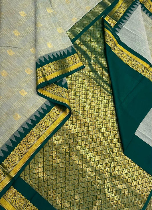 Semi Silk soft Cotton Sarees | korvai temple border X  2x2 kattam |  pastel green x dark green NKV11