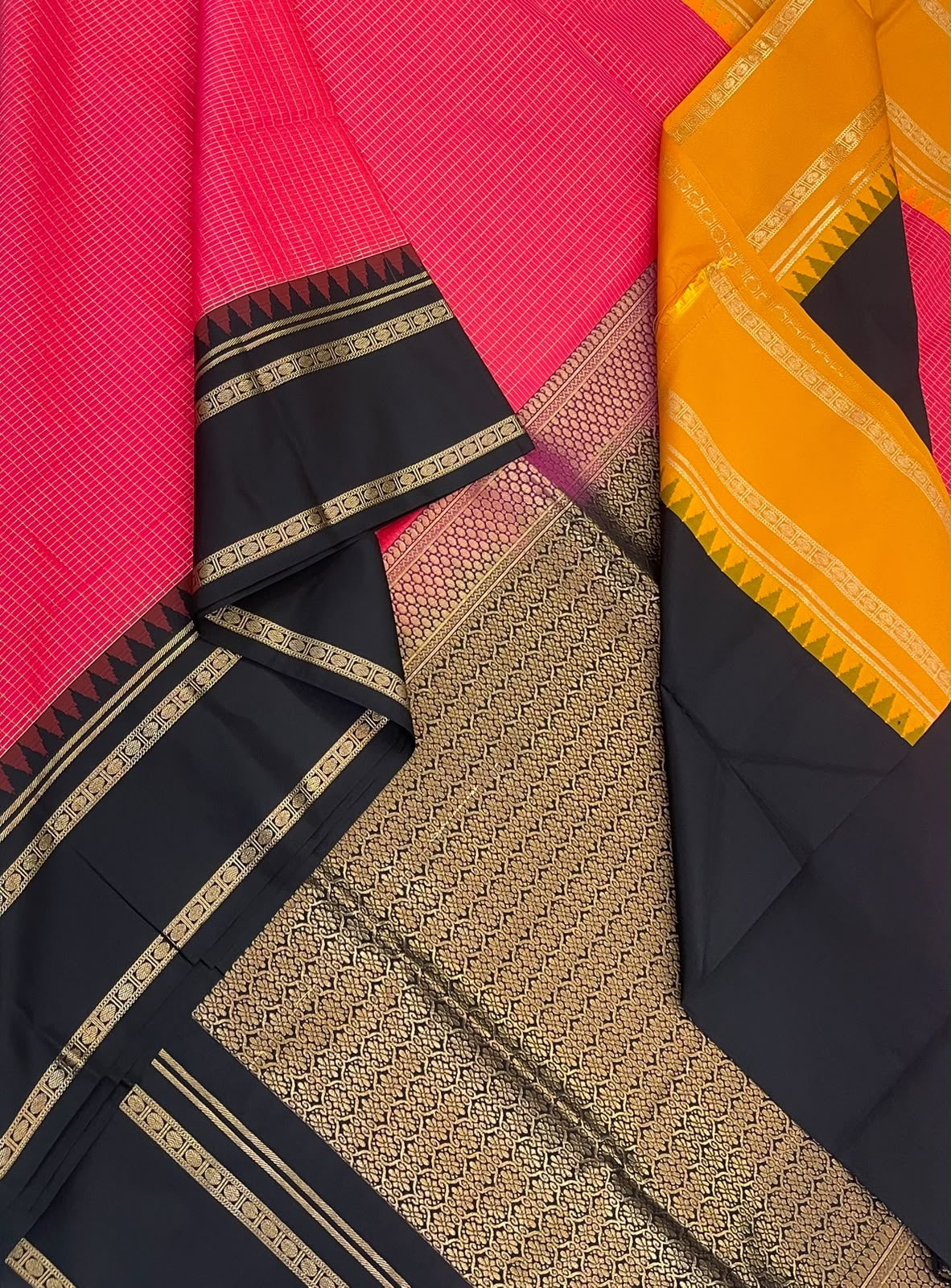 Vegan Silk Sarees Online | hot pink X black X manjal | kattam x rettaipet border