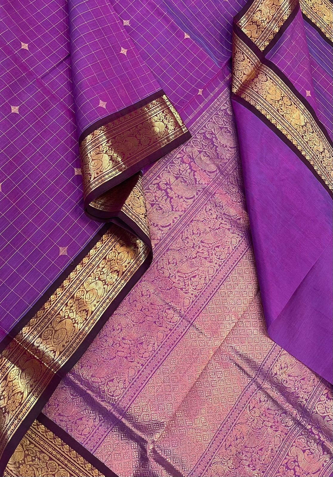 Kanchi Silk Cotton Sarees | rich zari border  x zari kattam motif   | purple x  blue