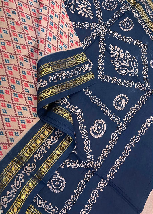 Madurai Sungudi soft cotton | beige x navy blue x red | rettaipet Zari border
