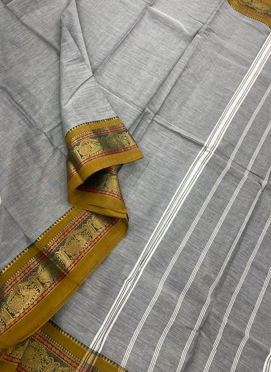 Kanchi mercerised soft cotton |rich zari maayil border | pastel grey x mustard | MC10
