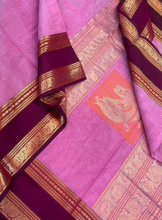 Kanchi Silk Cotton Sarees | rettaipet zari woven border  x rich kalaagal pallu | pastel rose 🩷 x burgandy