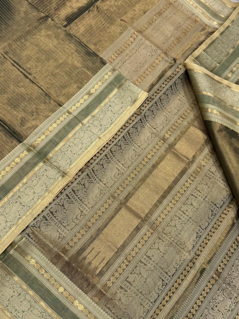 Kanchi Tissue Silk Cotton Sarees | shiny earth green X cream | NKV100