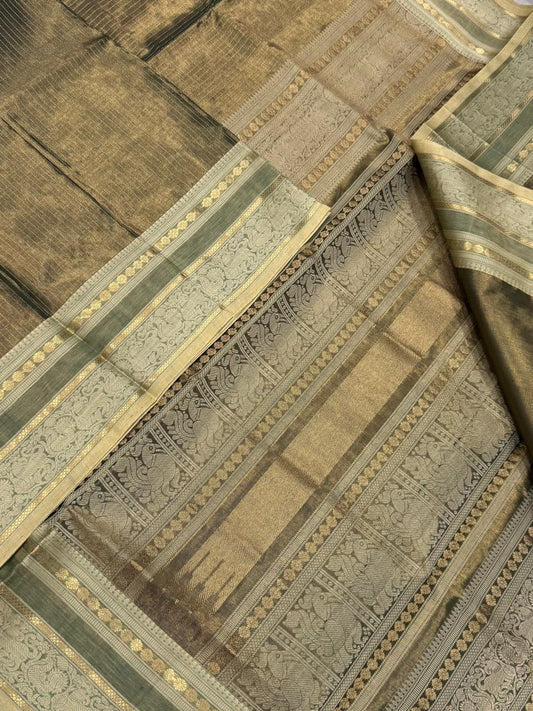 Kanchi Tissue Silk Cotton Sarees | shiny earth green X cream | NKV100