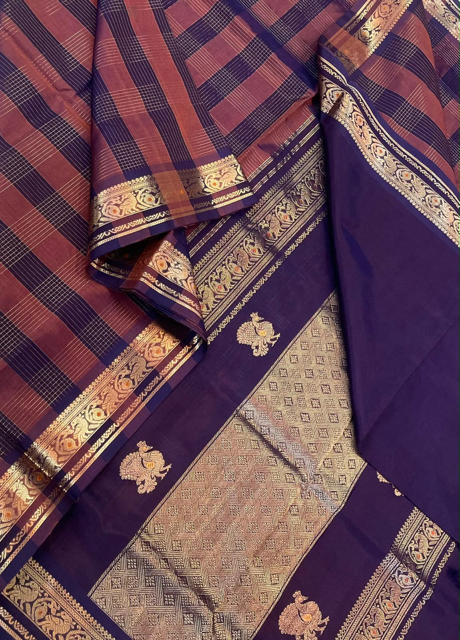 Kanchi Silk Cotton Sarees | luxury silk cotton | 2x 2 kattam x meena small border | brick X brown X gold