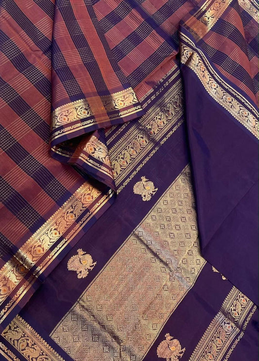 Kanchi Silk Cotton Sarees | luxury silk cotton | 2x 2 kattam x meena small border | brick X brown X gold