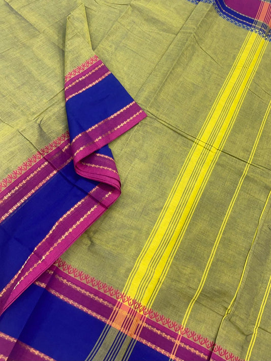 Kanchi soft cotton | leaf green blue x pink |  rettaipet minimal zari border