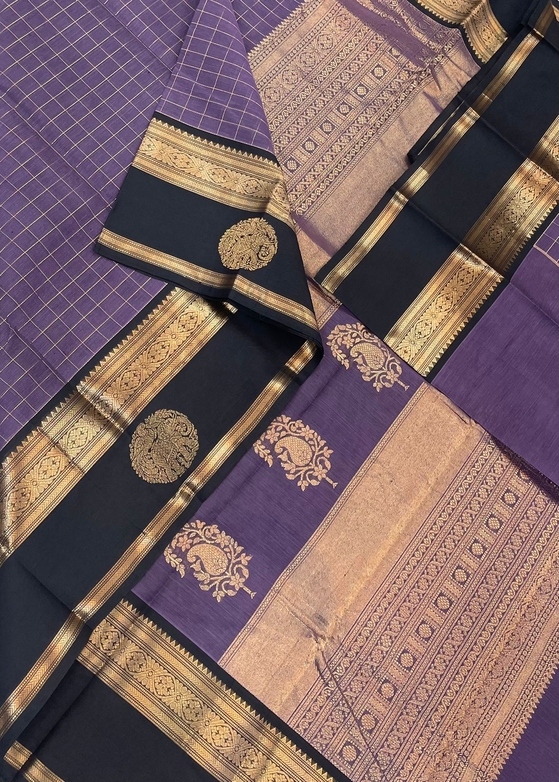 Kanchi handloom rich cotton zari kattam BUTTA x  Zari border yaanai mayil x mango pallu | lavender x black