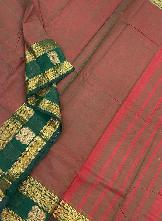 Kanchi soft cotton |mayil butta x Zari  rettaipet border | two tone  marron x dark green