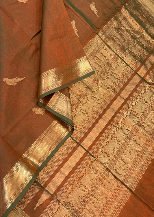 Kanchi Silk Cotton Sarees | killi motifs | rust orange X green x gold