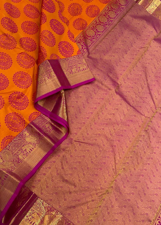 Pure Kanjivarams | orange x  pink | gold zari border x mayil butta | G124
