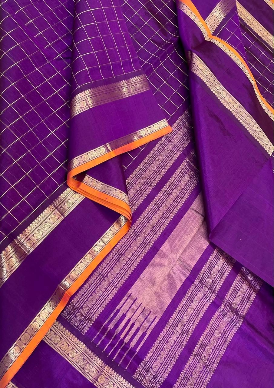 Kanchi Silk Cotton Sarees | rettaipet border  x zari kattam | violet x orange
