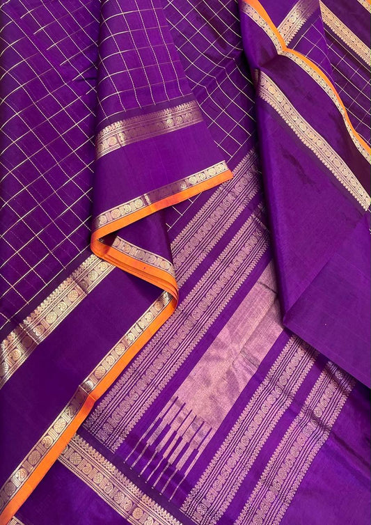 Kanchi Silk Cotton Sarees | rettaipet border  x zari kattam | violet x orange