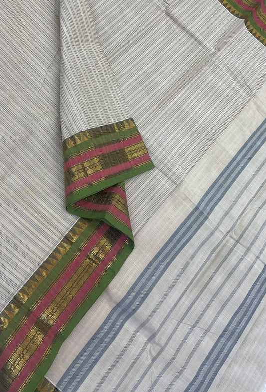 Kanchi soft cotton | cream x green x pink | zari border