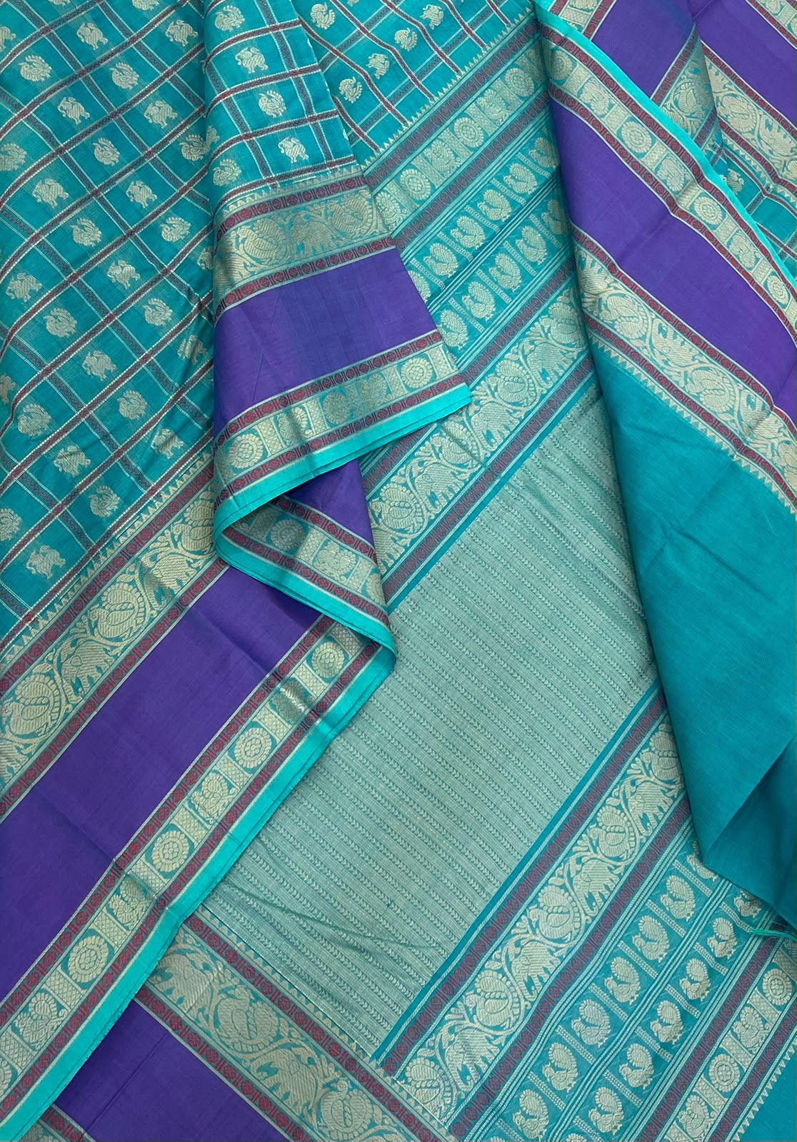 Pure Handloom Kanchi rich Cotton Saree | sky blue x violet  | thread woven  rettaipet border x 1000 motif