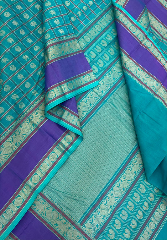Pure Handloom Kanchi rich Cotton Saree | sky blue x violet  | thread woven  rettaipet border x 1000 motif