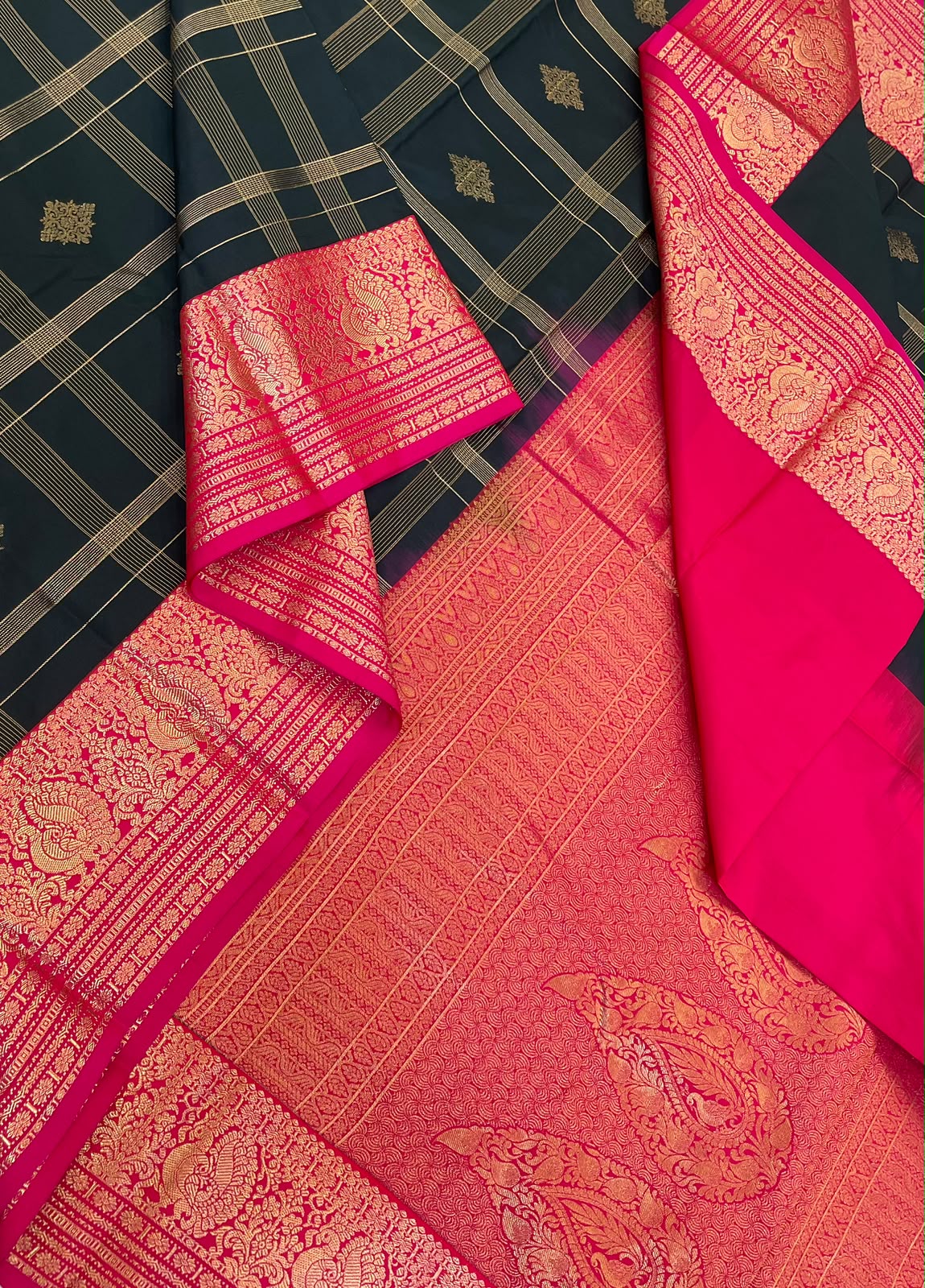 Vegan Silk Sarees Online - bridal edition | bottle green x pink | rich katta butta x mayil border