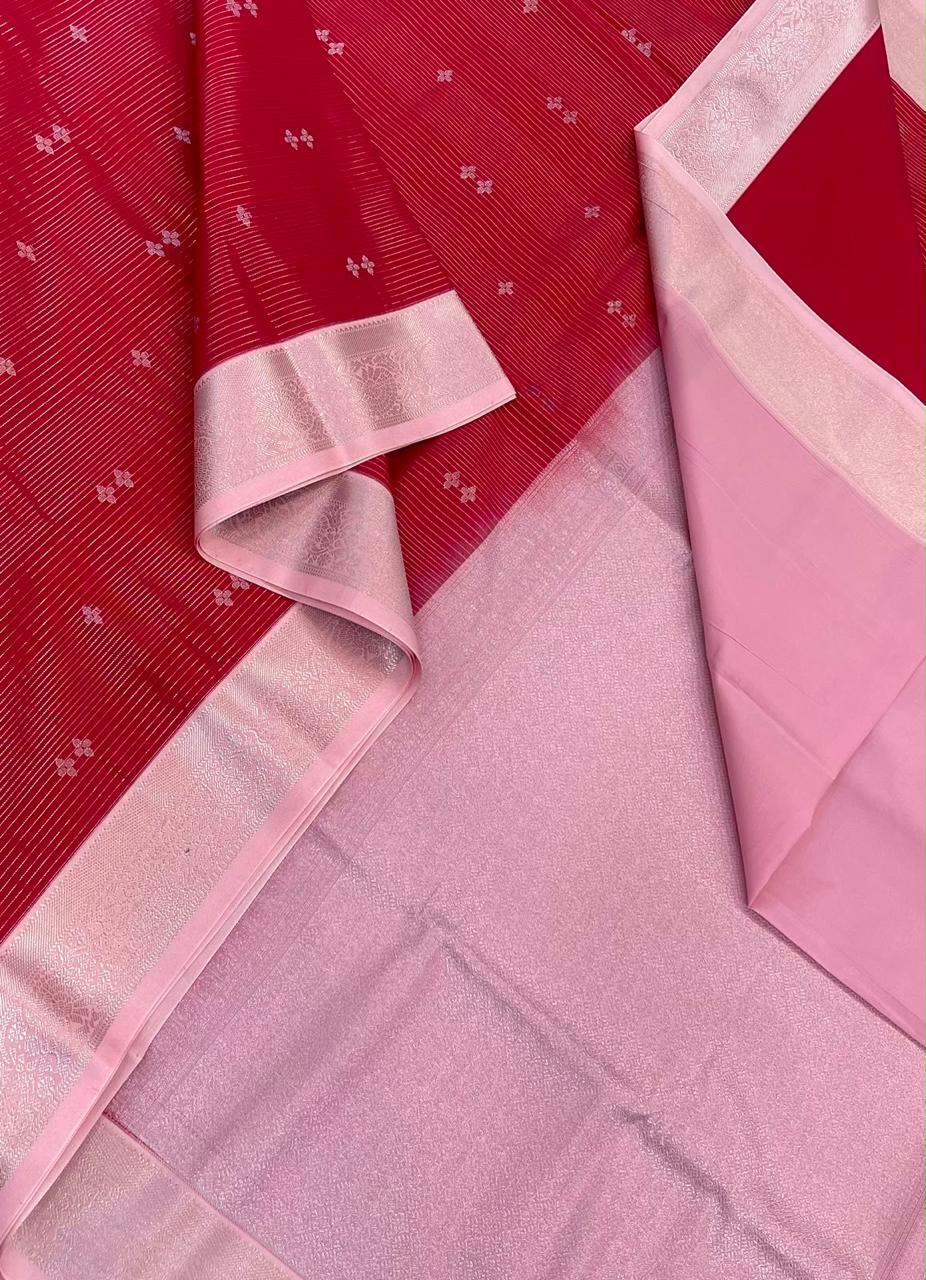 Vegan Silk Sarees Online | vairaoosi butta x small border | red x pastel pink