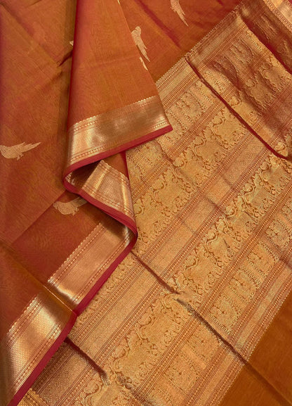 Kanchi Silk Cotton Sarees | killi motifs | rust golden orange X gold