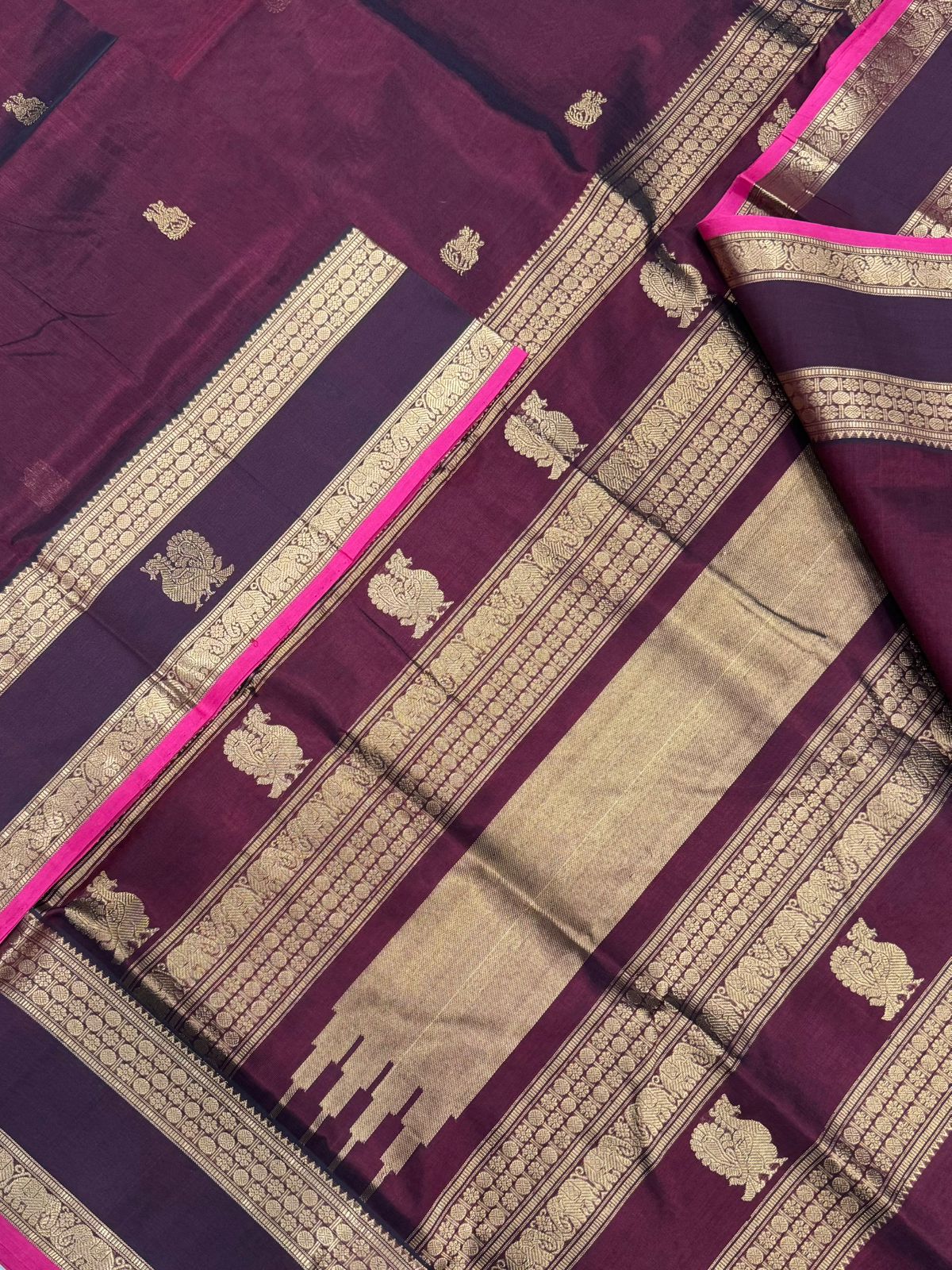 Kanchi Silk Cotton Sarees | luxury silk cotton | mayil X veera shivaji motif | marron x pink