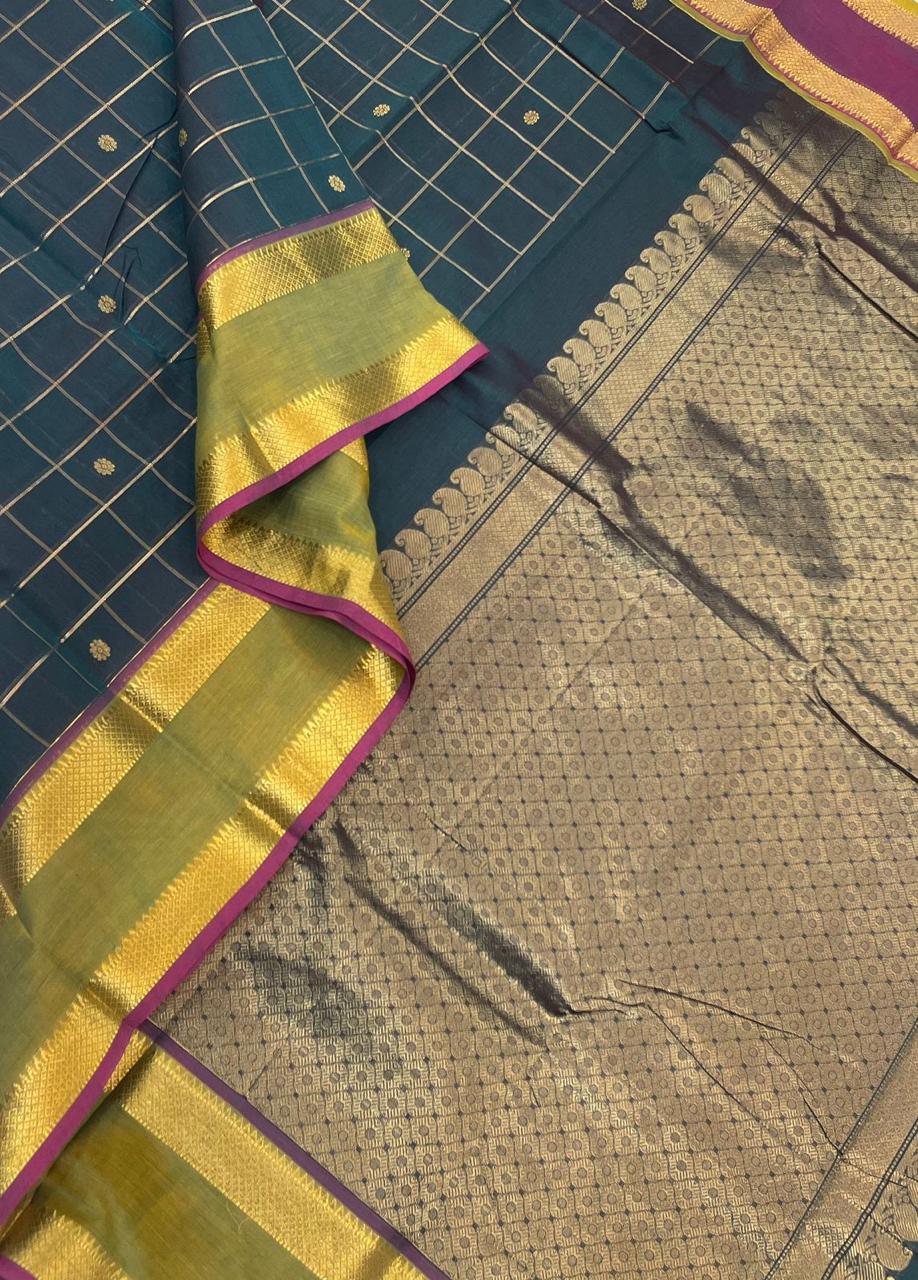 Kanchi mercerised soft cotton | green x ganga jamuna |  Zari rettaipet border x zari kattam butta