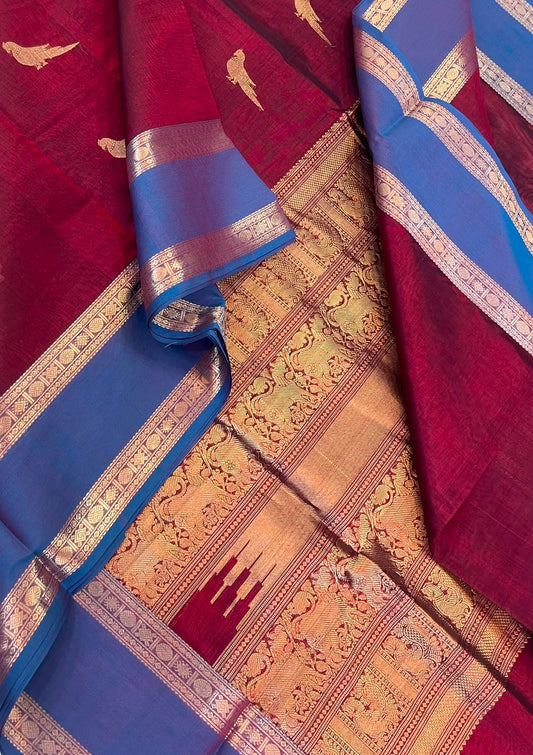 Kanchi Silk Cotton Sarees | luxury silk cotton | killi motif x rettaipet border | marron x blue