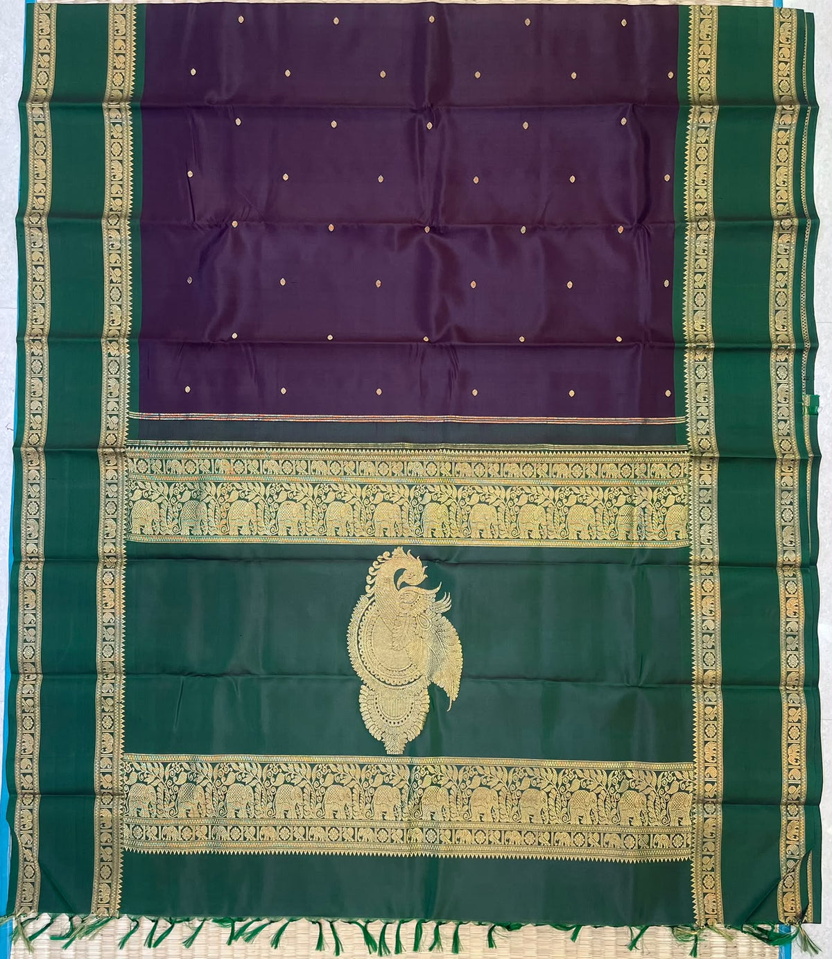 Kanchipuram Silk Saree Online | thogai mayil pallu x coffee brown x green | Handwoven luxury x 4 ply | NKV45