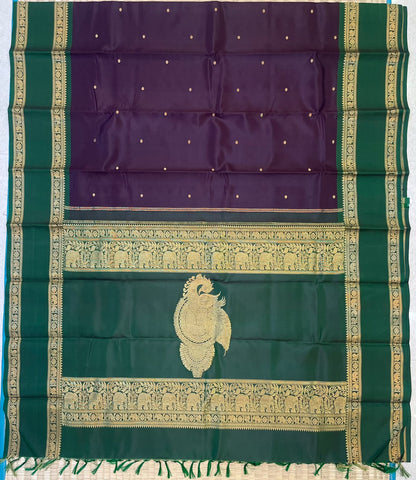 Kanchipuram Silk Saree Online | thogai mayil pallu x coffee brown x green | Handwoven luxury x 4 ply | NKV45